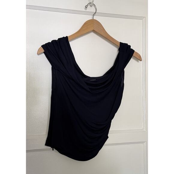 COMPLICE Vintage 90s Asymmetrical Ruched Shoulder Black Blouse Italy Sz Fr 38 - Picture 1 of 6